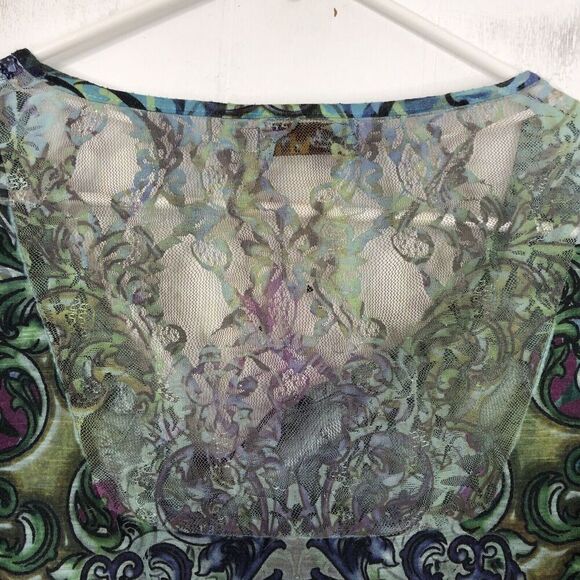 Unity World Wear Y2K Top Fitted Dyed Print Ruffle Cap Sleeve Womens L Stretchy - Picture 8 of 13